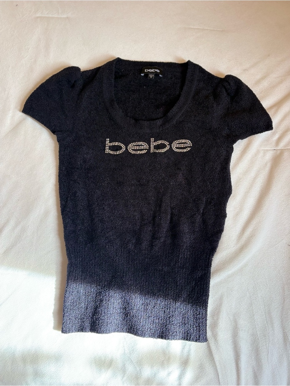bebe Black Short Sleeve Rhinestone Logo Knit Top